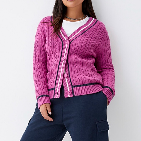 Pink striped edging cable-knit V-neck preppy cardigan NWT - Picture 1 of 9